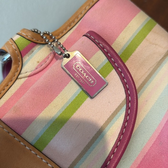 Coach Hampton striped mini bag  Vintage canvas pink green/2 color leather handle - Picture 13 of 15